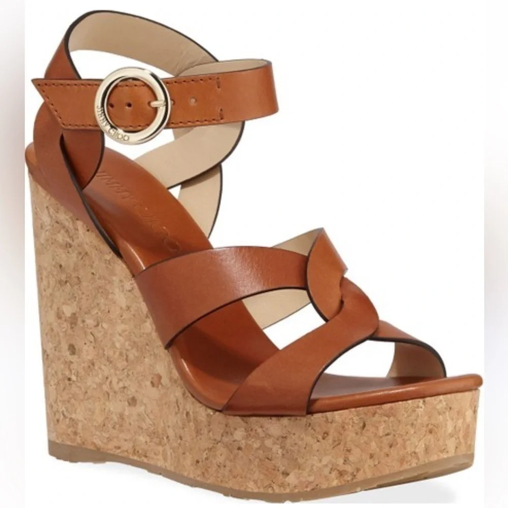 JIMMY CHOO ALEILI CORK PLATFORM WEDGE SANDALS BROWN LEATHER! New!